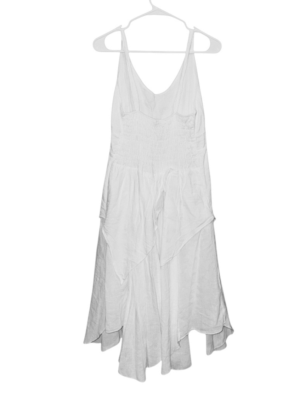 blanc du nil White Layered Cotton Hippie Boho Coastal V-Neck Midi Strap Dress - Picture 3 of 8